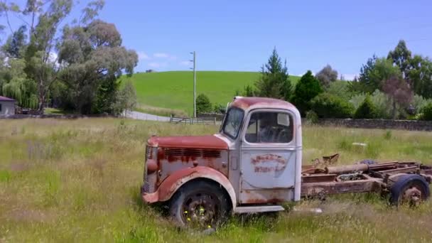 在新西兰的一个夏日 一架废弃的古旧钢制卡车在绿地上飞驰而过 上面长着树木和蓝天 — 图库视频影像