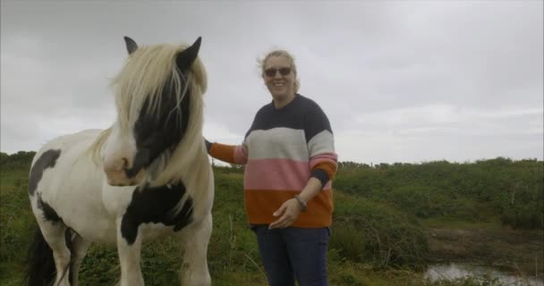 Mulher Bonita Lado Piebald Cavalo Petting Posando Deixando Cabelo Comprido — Vídeo de Stock