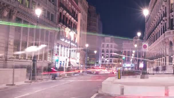 Straßenkreuzung Der Nacht Zeitraffer Madrider Stadtleben Der Nacht — Stockvideo