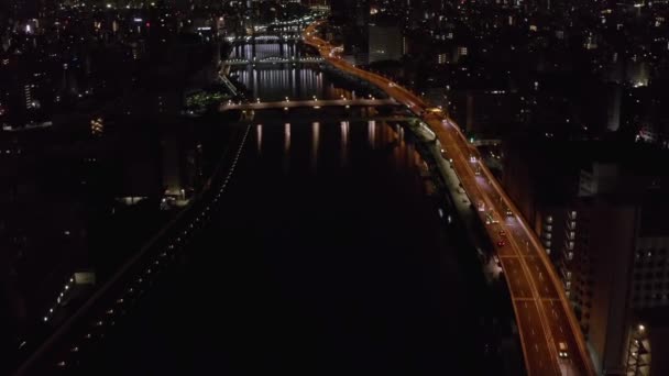 Tokio Japón Vista Aérea Nocturna Autopista Río Sumida — Vídeo de stock