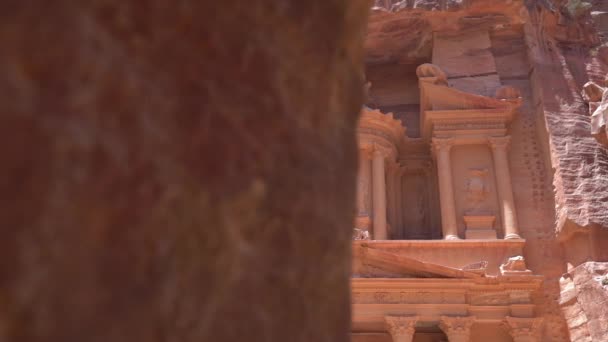 Avtäckandet Petra Fasaden Statskassan Byggnaden Uråldriga Nabatean Jordanien — Stockvideo
