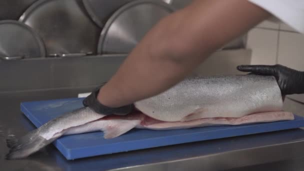 主厨在新鲜鲑鱼鱼肉上过滤和翻飞的特写镜头 — 图库视频影像