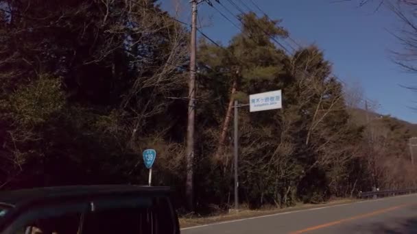 青木ヶ原樹海道路 木と道路標識の間のパン — ストック動画