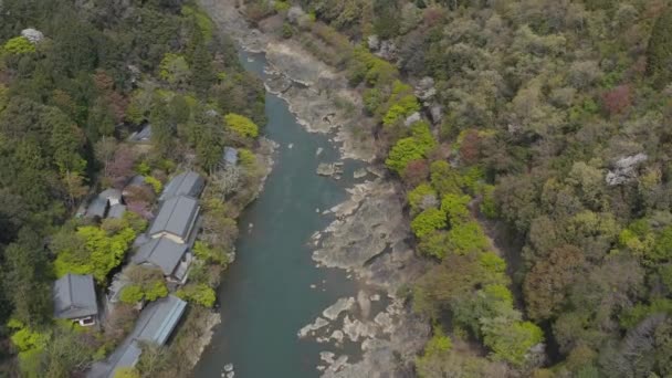 Katsura Folyó Tavasszal Légi Lövés Völgy Felett Arashiyama — Stock videók