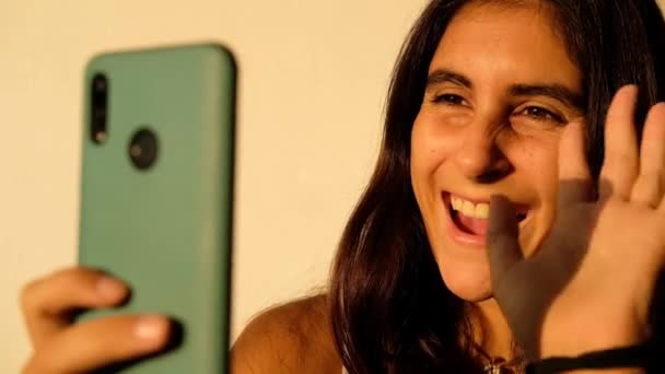 Telefon Kamerasında Konuşan Doğal Kahverengi Saçlı Kıza Yakın Çekim Ilık — Stok video