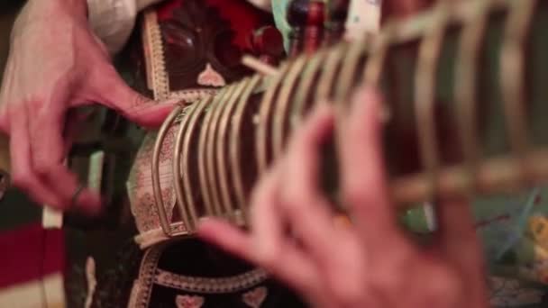 Gros Plan Des Mains Mans Jouant Instrument Indien Appelé Sitar — Video