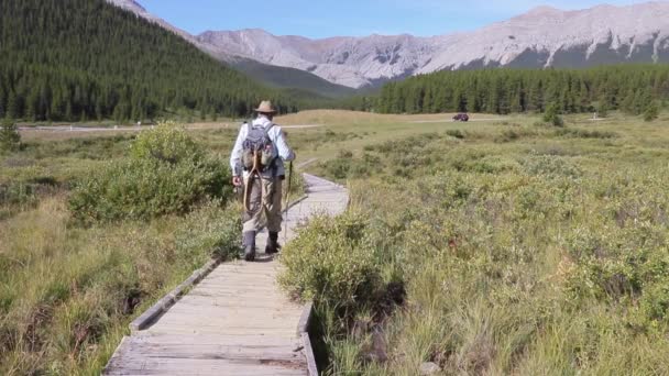 Zadowolony Samotny Rybak Powraca Pojazdu Udanym Dniu Potoku Canadian Rockies — Wideo stockowe