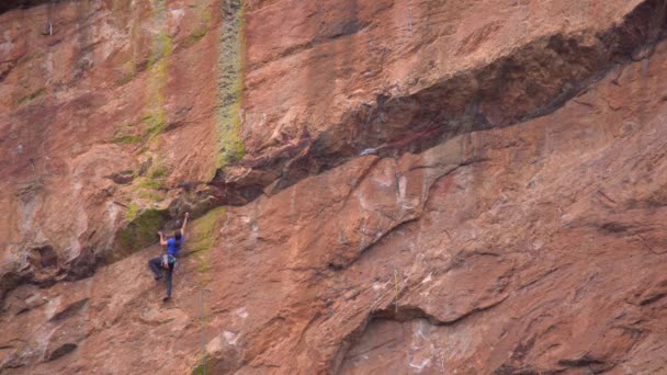 Mujer Escalando Una Roca Escarpada Usando Equipo Escalada — Vídeo de stock