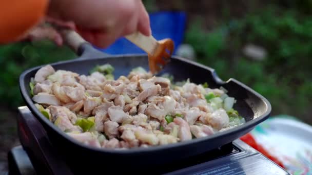 Sartén Pollo Estufa Camping — Vídeo de stock