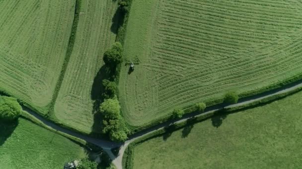 Сверху Вниз Снимок Трактора Зеленом Поле Полном Подстриженной Травы — стоковое видео