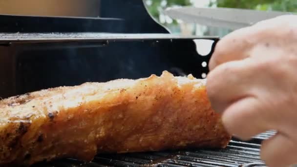 Cuisson Délicieuse Viande Porc Grillé Fumé Ventre Sur Barbecue Grill — Video