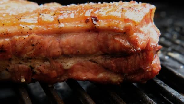 Leckere Schweinerippchen Saftig Geräuchertes Schweinebauch Fleisch Vom Grill Nahaufnahme Eisengrill — Stockvideo