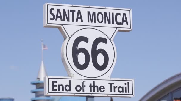 Route End Trail Sign Santa Monica Pier Historical Marker Pier — Stock Video