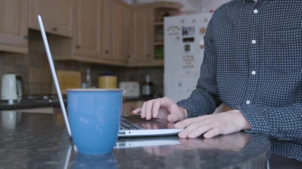 衣冠楚楚的男人一边在厨房柜台上的笔记本电脑上 一边从家里拿着一大杯热饮工作 一边在旁边关门 — 图库视频影像