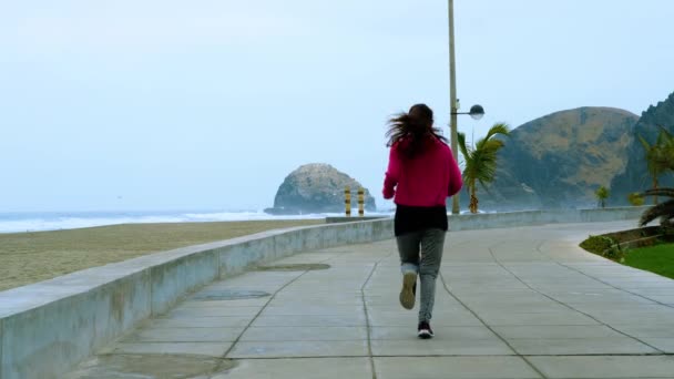Chica Joven Morena Huyendo Trotando Sola Junto Mar Estilo Vida — Vídeos de Stock