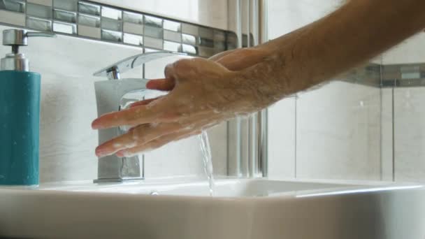 Male Rinsing Soap Hands Arms Close Bathroom Sink Super Slow — Stock Video