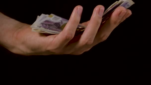 Купка Монет Гроші Падають Руку Готівки Чорному Тлі Повільному Русі — стокове відео