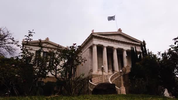 Statisk Bild Nationalbiblioteket Aten Grekland Molnig Dag — Stockvideo