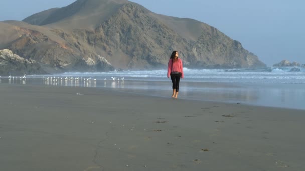 Menina Beutiful Feliz Andando Direção Câmera Praia Outono Mulher Morena — Vídeo de Stock