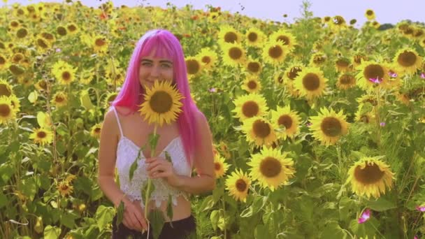 Rosa Haare Gelbe Sonnenblumen Eine Frau Versteckt Ihr Gesicht Und — Stockvideo