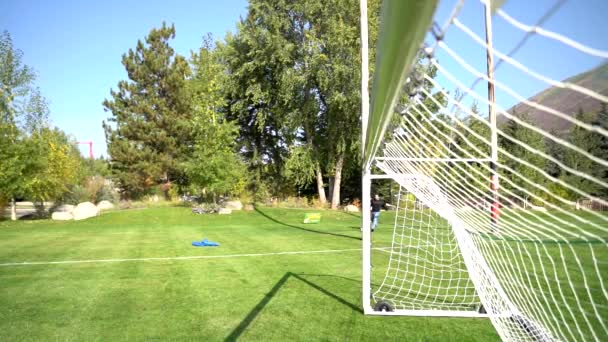 Pelota Fútbol Golpeando Red Cámara Lenta — Vídeo de stock