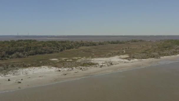 Jekyll Island Georgia Panela Aérea Esquerda Tiro Floresta Praia Oceano — Vídeo de Stock