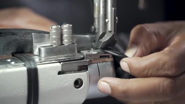 Closeup Shot Tailor Stitching Leather Sewing Machine Clothing Production — 비디오