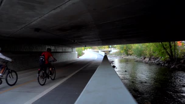 Biker Rijden Fietspad Langs Een Kreek Slow Motion — Stockvideo