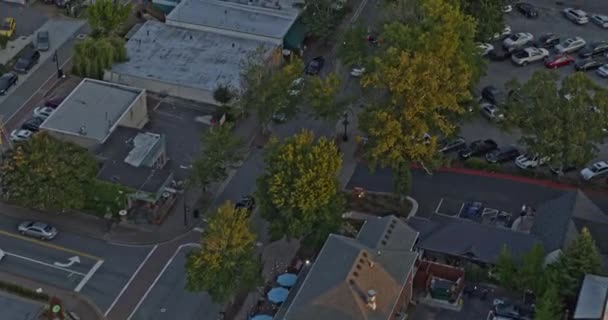 Roswell Georgia Aerial Birdseye在日落时击落交通 停车场 公园和低层楼房 — 图库视频影像