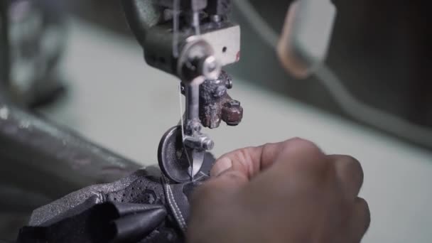 Closeup Leather Gloves Clothing Fashion Manufactured Sweatshop Stitched Sewing Machine — Stock Video