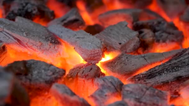 Fechar Queima Carvão Vegetal Com Fogo Brilhando Bbq Grill Brasas — Vídeo de Stock