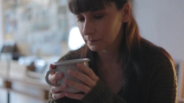 Une Femme Intelligente Brune Buvant Beberage Chaud Dans Une Tasse — Video