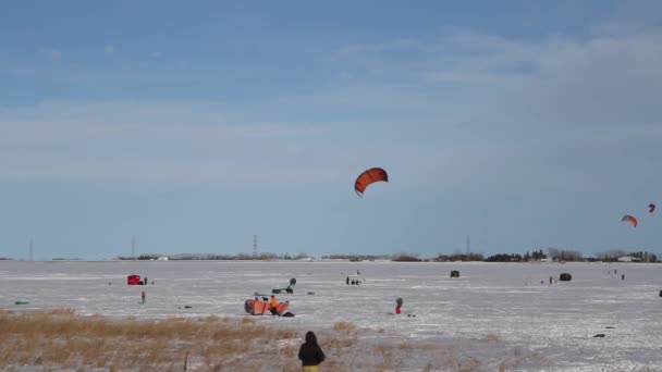 Snowkiter Readies Apparatuur Wacht Onvermijdelijke Windvlaag Beginnen Kiteskiën Een Bevroren — Stockvideo