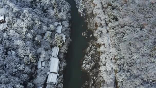 Arashiyama Kyoto Japan Top Flygfoto Över Katsurafloden Snow — Stockvideo