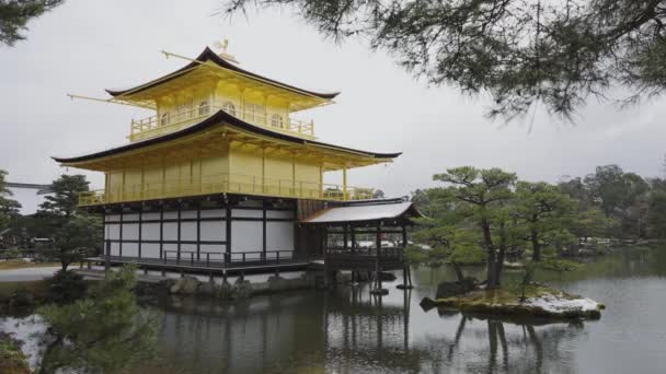 Ναός Kinkakuji Στο Κιότο Μετά Χιόνι Στη Χειμερινή Σκηνή Δεν — Αρχείο Βίντεο