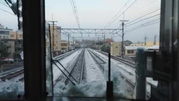 Treno Che Attraversa Giappone Kyoto Tempo Nevoso Punto Vista Girato — Video Stock