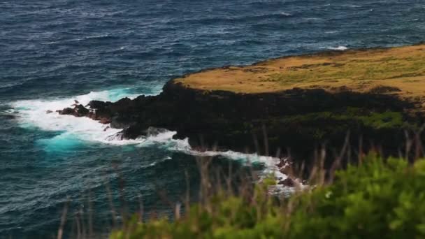 ハワイ島半島 深い青色の水と波が黒い火山岩の岸に衝突した 4K映像 — ストック動画