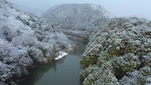 Nieve Cayendo Sobre Río Katsura Disparo Aéreo Arashiyama Kyoto — Vídeo de stock