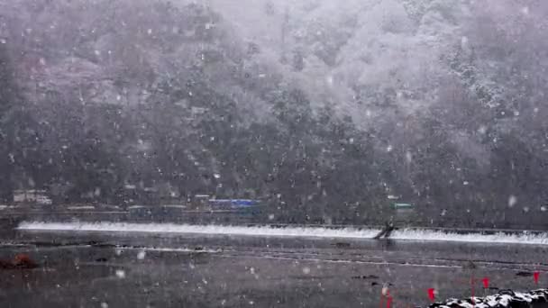 Copos Nieve Sobre Río Katsura Arashiyama Kyoto Flurry Cámara Lenta — Vídeo de stock