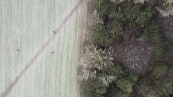 Aerial Drone Shot Flying Forest Frozen Field — Stock Video