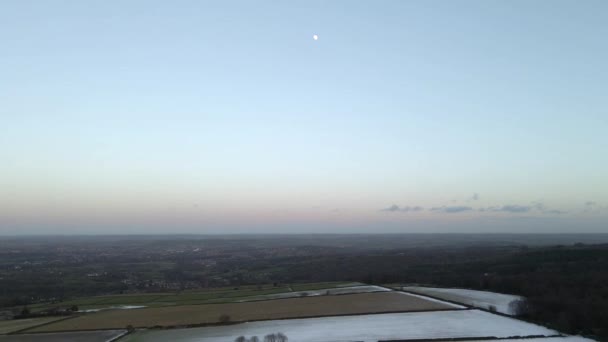 Aerial Drone Shoot Showing Full Moon Winter Landscape Sunset — Stock Video