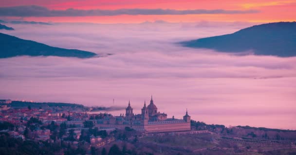 Escorial Kloster Soluppgången Och Hav Moln Timelapse — Stockvideo