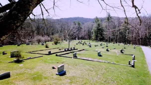 Pedras Tumulares Através Galhos Árvores Aéreas Cemitério Cemitério — Vídeo de Stock