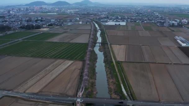 Omihachiman Farmlands Rural Shiga Japan Aerial View Dusk — Stock video