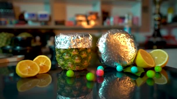 Full Shot Bowl Pineapple Hookah Fruit Lemon Gum Slow Motion — Stock Video