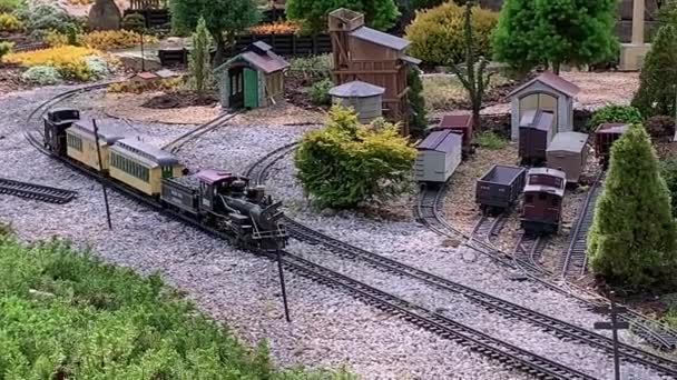 Model Train Rolls Tracks — Stock Video