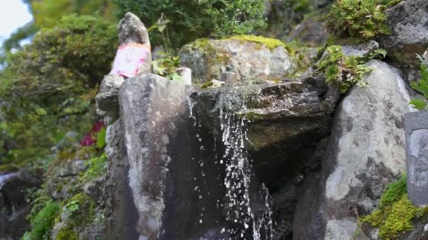 Mossy Jizo Estatua Agua Fluyendo Sobre Roca Jardín Japonés Cámara — Vídeo de stock