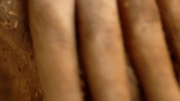 从有机植物根中产生疯狂粉末的手的宏观射击 草药健康疗法 — 图库视频影像