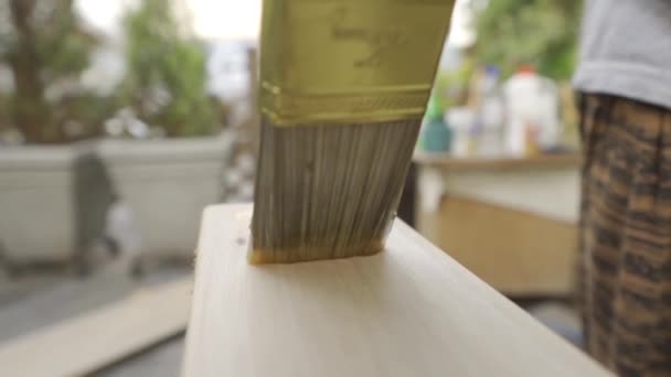 筆で木の板をニスでニスを塗ります 閉じ込められたゆっくりとした動き — ストック動画