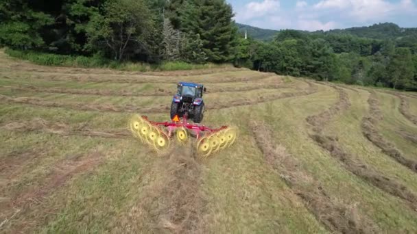 Tracteur Tirant Râteau Foin Dans Antenne Terrain — Video